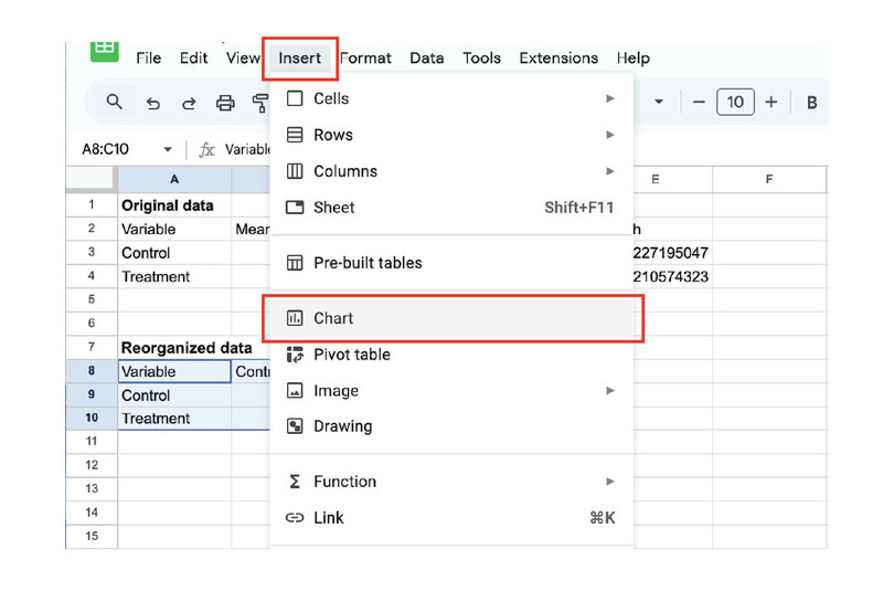 Plot a chart
: Select the reorganized data. In the menu, select ‘Insert’, then ‘Chart’.
