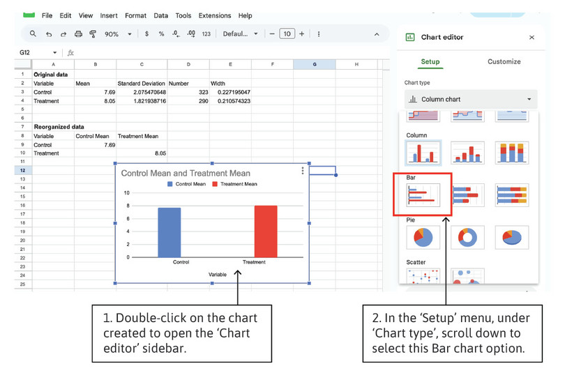 Change the chart type to a bar chart
: We need to change the default chart to a bar chart so that we can add the confidence intervals.
