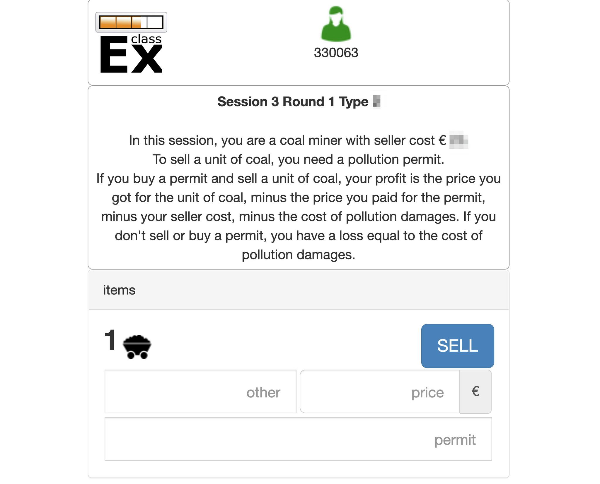 Screen for a mine owner in Session 3. The mine owner must type in the code obtained in exchange for a pollution permit, the buyer’s ID, and the agreed price in order to formalize the transaction.
