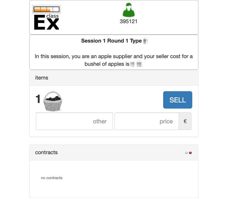 Screenshots of a supplier and a demander for online trading. Screens are the same for in-class trading, except that demanders do not have the ‘Buy’ button and are assigned an ID number (see Figure B).
