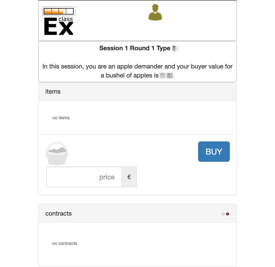 Screenshots of a supplier and a demander for online trading. Screens are the same for in-class trading, except that demanders do not have the ‘Buy’ button and are assigned an ID number (see Figure B).
