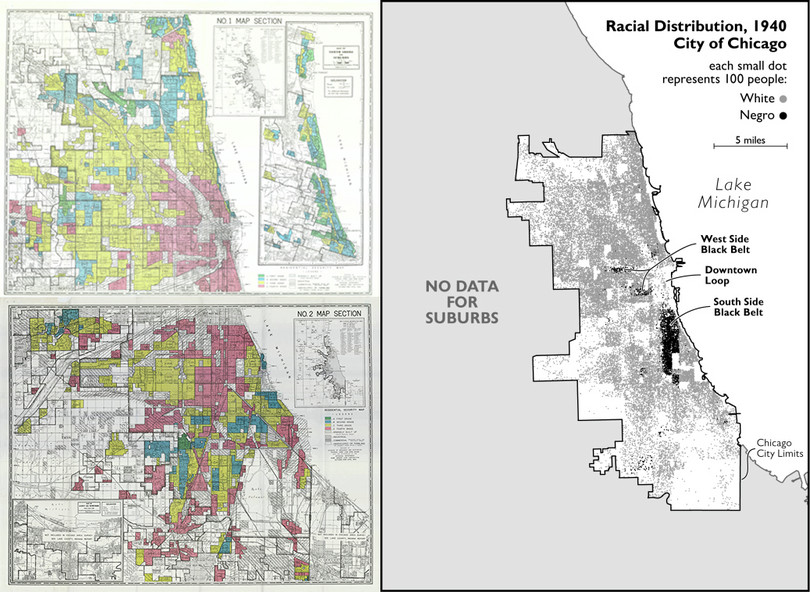 There are two maps of Chicago. One map shows residential security of Chicago neighborhoods in 1940, with four levels of neighborhood desirability: best, still desirable, definitely declining, hazardous. The other map shows racial distribution in Chicago in 1940.