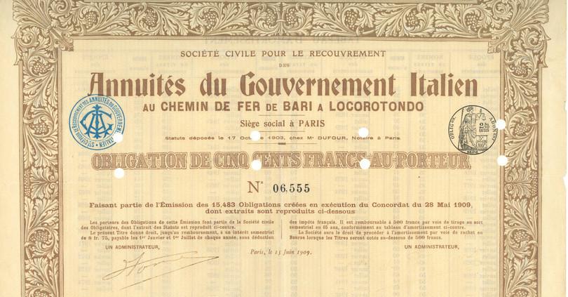 Italian bond issued in France to finance a railway in Italy