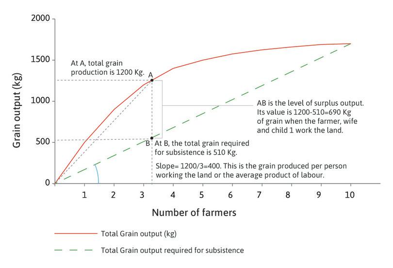 Total output and subsistence output when there are three farmers
: The total output corresponds to point A, total subsistence output corresponds to point B and the average productivity of labour is 400 kg when three persons work the land.
