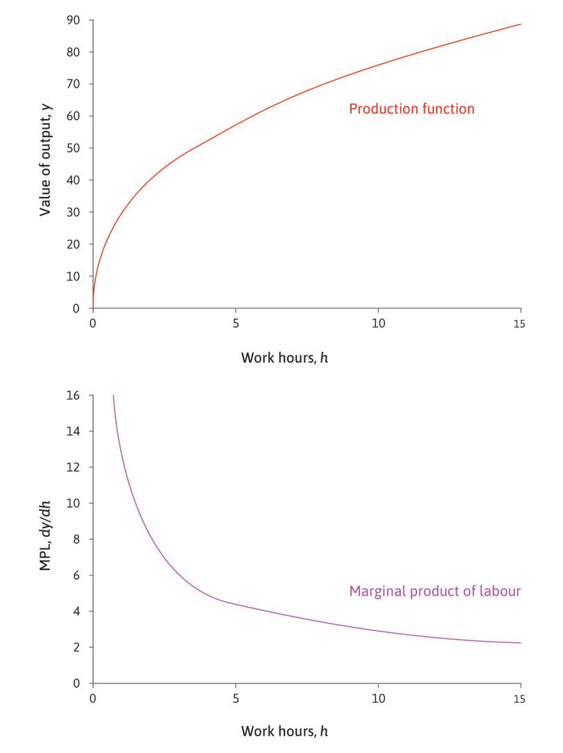The production function y = 30h0.4 and the corresponding marginal product.

