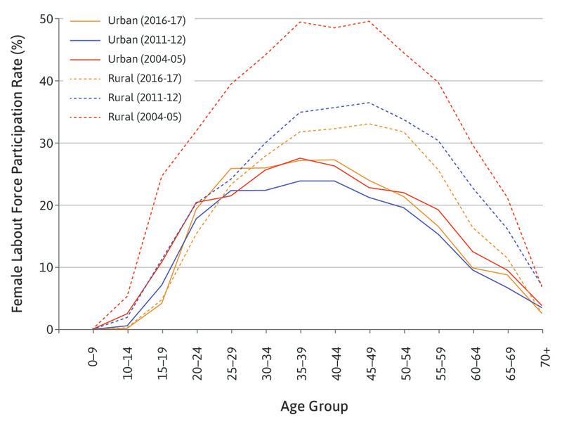 Female Labour Force Participation in India, by age group (2004, 2011, 2016).
