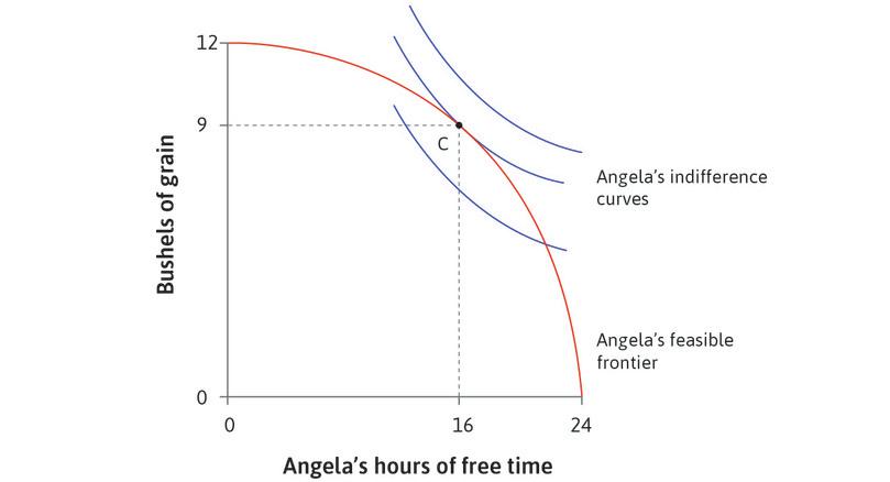 The best Angela can do
: The best Angela can do, given the limits set by the feasible frontier, is to work for 8 hours, taking 16 hours of free time and producing 9 bushels of grain. At this point C, the marginal rate of substitution (MRS) is equal to the marginal rate of transformation (MRT).
