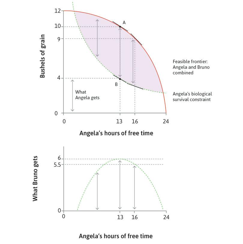 At high working hours the survival frontier becomes steeper
: If Bruno makes Angela work for more than 11 hours, the amount he can take falls as working hours increase.

