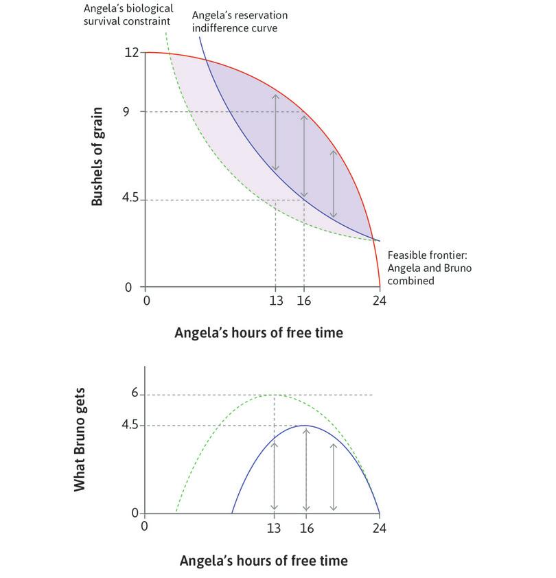 Bruno’s grain
: Although Bruno cannot coerce Angela he can get the whole surplus.
