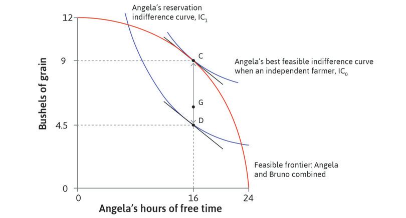 A hypothetical allocation
: Point G is a hypothetical allocation, at which MRS = MRT. Angela works for 8 hours, and 9 bushels of grain are produced. Bruno gets grain CG, and Angela gets all the rest. Allocation G is Pareto efficient.
