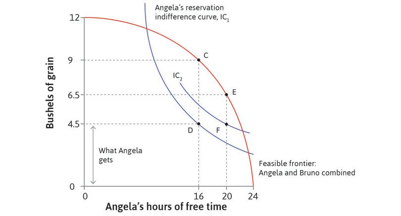 The effect of legislation
: With legislation that reduces work to 4 hours and keeps Angela’s amount of grain unchanged, she is on a higher indifference curve at F. Bruno’s grain is reduced from CD to EF (2 bushels).
