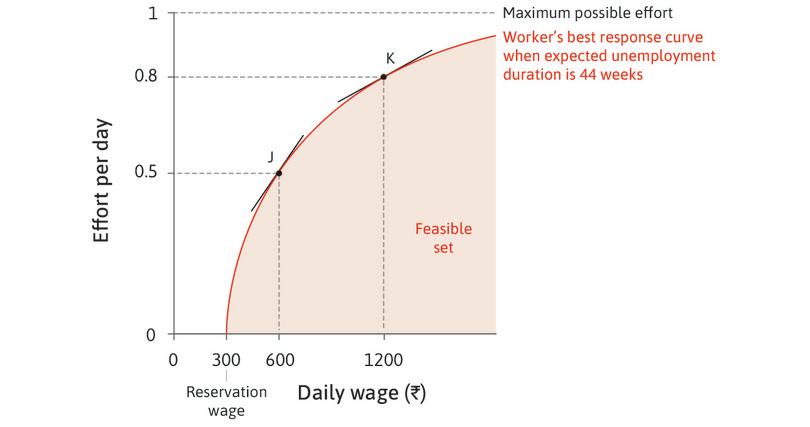 The employer’s feasible set
: The best response curve is the frontier of the employer’s feasible set of combinations of wages and effort that it gets from its employees.

