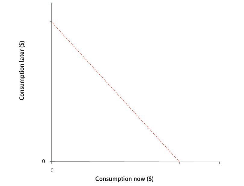 Julia’s choices
: The dashed line shows the combinations of consumption now and consumption later from which Julia can choose.
