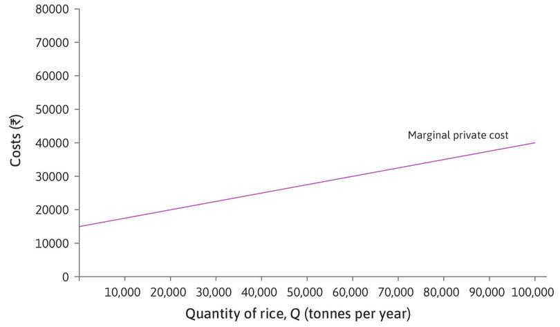The marginal private cost
: The purple line is the marginal cost for the cultivators: the marginal private cost (MPC) of rice production. It slopes upward because the cost of producing an additional tonne increases as the land is more intensively used, generating more stubble to be burnt.

