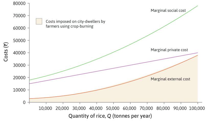 The marginal external cost
: The orange line shows the marginal cost imposed by the rice cultivators on city-dwellers—the marginal external cost (MEC). This is the cost of the reduction in quality of clean air caused by each additional tonne of rice.

