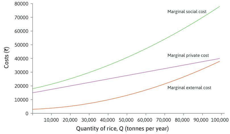 The marginal social cost
: Adding together the MPC and the MEC, we get the full marginal cost of rice production: the marginal social cost (MSC). This is the green line in the diagram.
