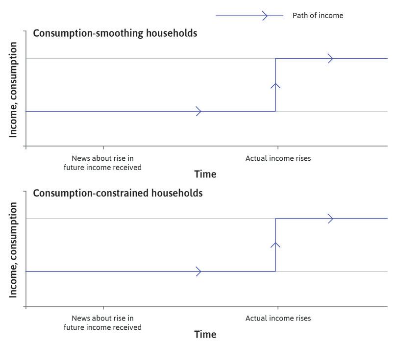 Income over time
: The blue lines on the figure show that the path of income over time is the same in both households.

