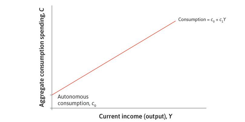 Consumption that depends on income
: The upward-sloping line denotes the part of consumption that depends on current income (and hence on current output).
