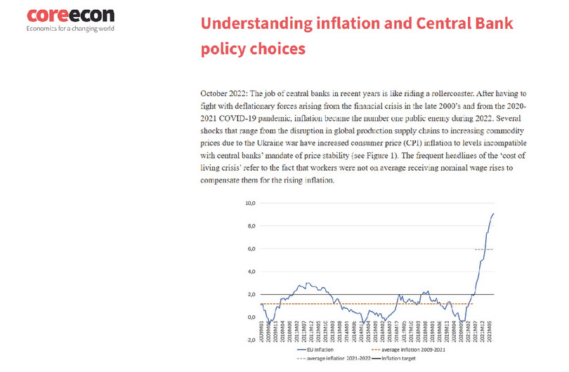 The line chart illustrates the inflation rate changes in the European Union from 2009 to 2022, emphasizing the impact of the Ukraine war. The horizontal axis displays the years 2009 to 2022, and the vertical axis shows inflation rates in percentages, ranging from −2.0% to 10.0%. The EU inflation line shows fluctuations: it drops from above 1.0% in early 2009 to just below 0% within a few months, rises to about 3% in late 2011, then falls again to negative territory in late 2014, and gradually climbs back to around 2% by late 2018. After hitting another low of around −0.5% in late 2019, it begins to surge due to the Ukraine war, peaking at over 9% in mid-2022. A solid horizontal line at the 2% level marks the inflation target, which is higher than the actual EU inflation for most of the period from 2009 to 2021. Two dashed horizontal lines are also depicted: one at approximately 1.6%, indicating the average inflation from 2009 to 2021, and another at 6.0%, indicating the average inflation from 2021 to 2022.