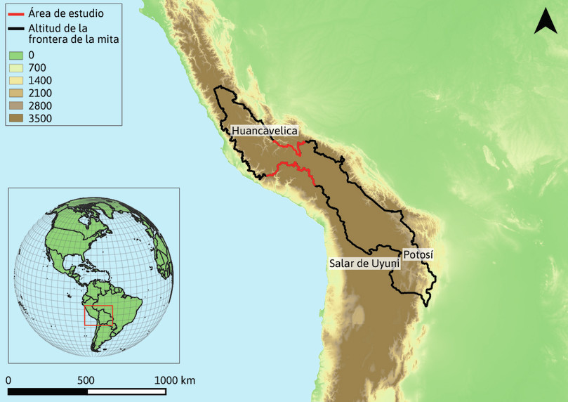 Este mapa muestra las regiones de Bolivia y Perú donde se impuso o no la mita.