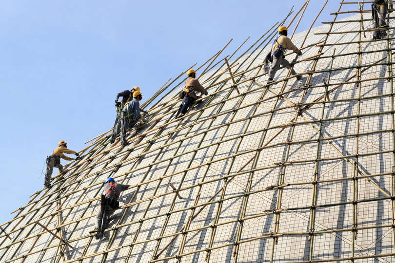 Building a scaffold with bamboo in Hong Kong.