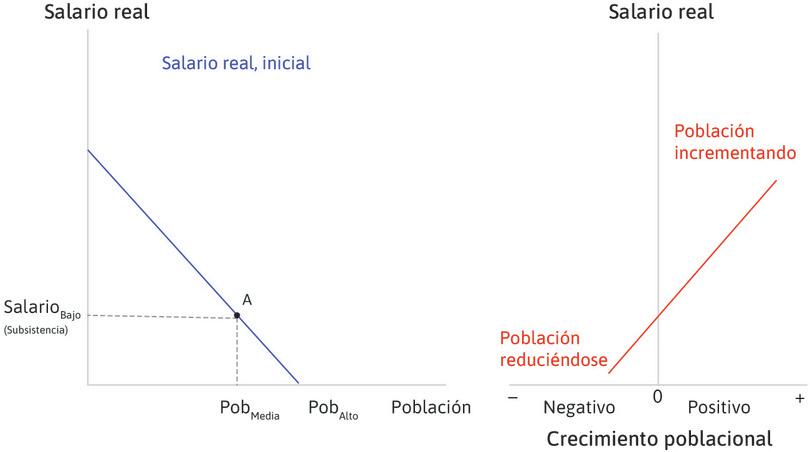 Inicialmente la economía se encuentra en equilibrio
: La economía comienza en el punto A, con una población de tamaño medio y el salario en su nivel de subsistencia.
