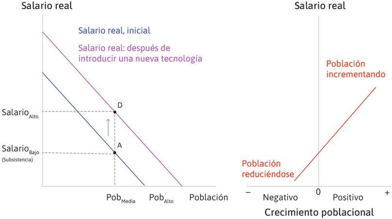 Un avance en la tecnología – incremento de los salarios
: Una mejora tecnológica (por ejemplo, mejores semillas) incrementa la productividad media del trabajo, con lo cual el salario es más alto para cualquier nivel de población. La línea de salario real se desplaza hacia arriba. En el nivel inicial de población, el salario sube y la economía se mueve al punto D.
