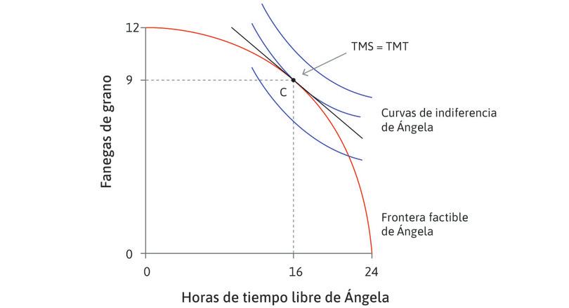 La frontera factible de la granjera independiente Ángela, la mejor curva de indiferencia factible y la elección de horas de trabajo.
