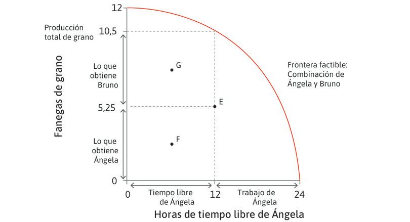 Otras asignaciones factibles
: El punto F muestra una asignación en la que Ángela trabaja más que en el punto E y obtiene menos grano, y el punto G muestra el caso en el que trabaja más y obtiene más grano.
