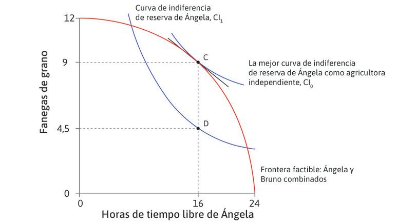 La asignación en C
: Como agricultora independiente, Ángela eligió el punto C, donde TMT = TMS. En ese punto, consumió 9 fanegas de grano; 4,5 fanegas habrían bastado para colocarla sobre su curva de indiferencia de reserva en el punto D, pero obtuvo el excedente completo CD: 4,5 fanegas adicionales.
