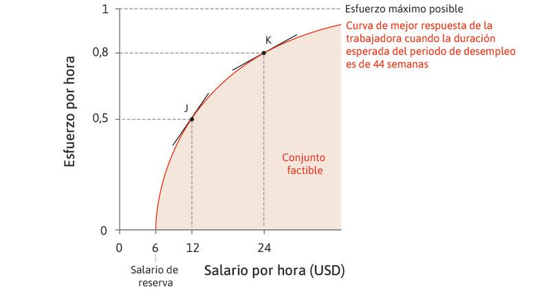 El conjunto factible del empleador
: La curva de mejor respuesta es la frontera del conjunto factible de combinaciones de salarios y esfuerzo que el empleador obtiene de sus empleados.
