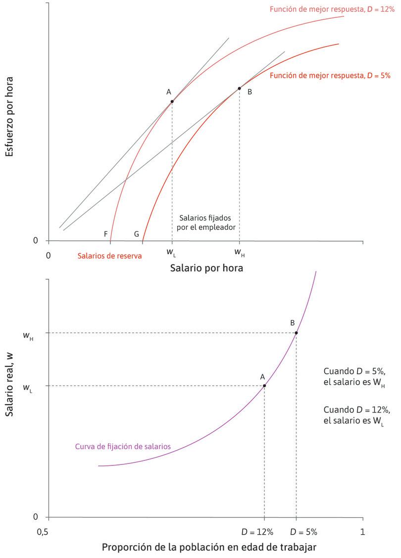 Obtención de la curva de fijación de salarios: variaciones de la tasa de desempleo en la economía.
