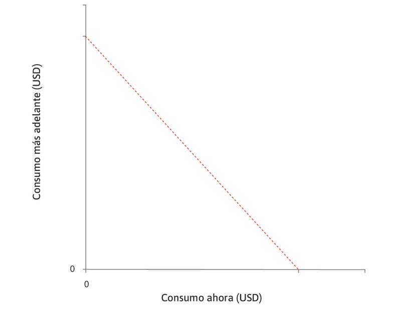 Las posibles elecciones de Julia
: La línea discontinua muestra las combinaciones de consumo ahora y consumo después entre las cuales puede elegir Julia.
