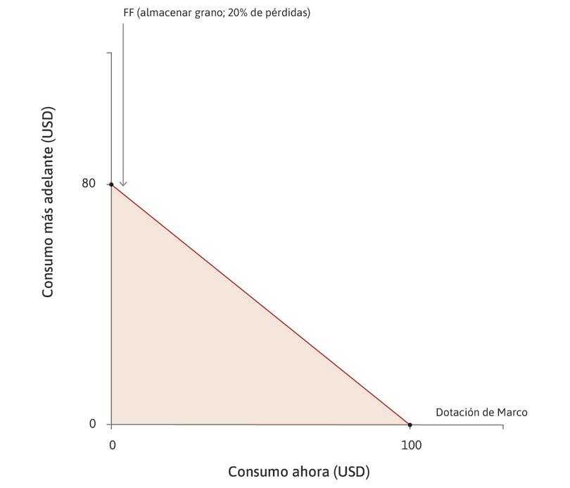 Frontera factible de Marco
: La línea oscura muestra la frontera factible de Marco si usa el almacenamiento y el área sombreada muestra su conjunto factible.
