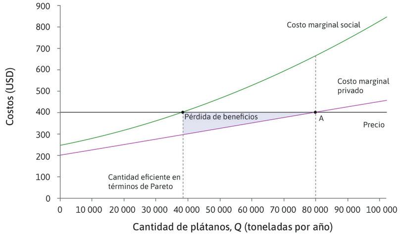 Beneficio perdido
: La reducción de la producción de 80 000 a 38 000 toneladas reduce las ganancias de las plantaciones. La reducción es igual a la pérdida del excedente del productor que se muestra en el área azul.
