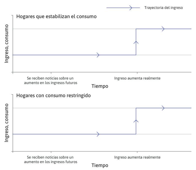 Ingresos a lo largo del tiempo
: Las líneas azules de la figura muestran que la trayectoria del ingreso a lo largo del tiempo es la misma en ambos hogares.
