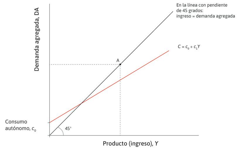 Consumo
: El primer componente de la demanda agregada es el consumo, que está representado por la línea de consumo que se muestra en la figura 14.2.
