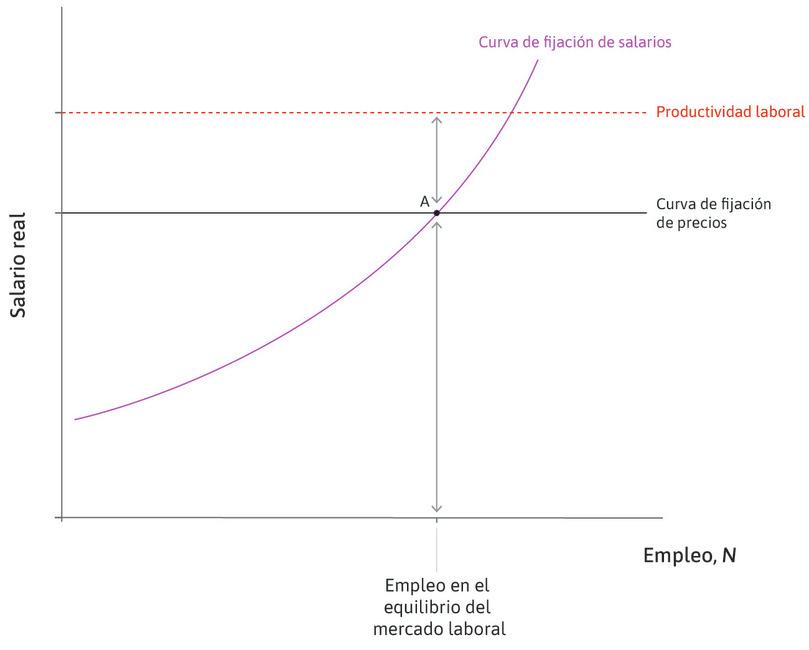 Mercado laboral en equilibrio en A
: En A, la economía está en un punto de equilibrio del mercado laboral. El salario real en la curva de fijación de salarios es igual al de la curva de fijación de precios, por lo que las reivindicaciones de las empresas sobre los beneficios reales por trabajador más las reivindicaciones de los trabajadores sobre los salarios reales suman en total la productividad laboral.
