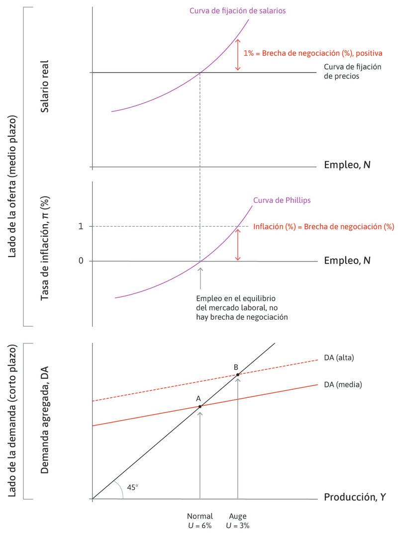 Un auge
: A un nivel de demanda agregada más alto (un auge), hay una brecha de negociación positiva y la inflación es positiva.
