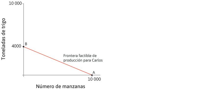 La frontera factible de producción
: La línea roja que une los puntos A y B es la frontera factible de producción para Carlos y muestra todas las combinaciones de trigo y manzanas que puede producir Carlos en un año.
