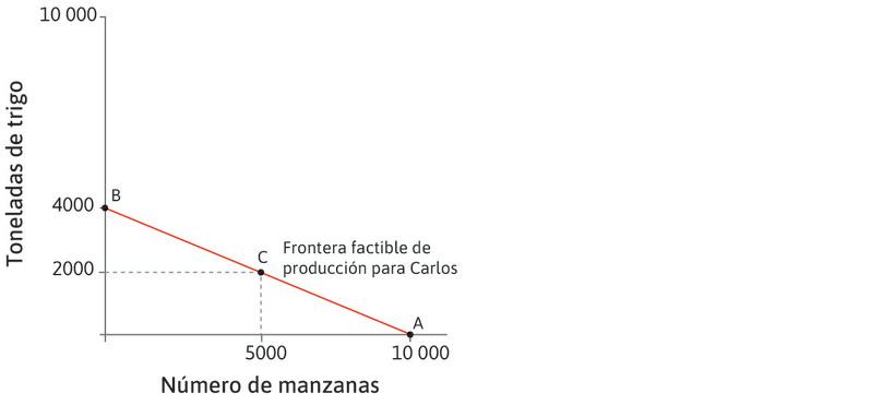 La elección de Carlos
: Carlos puede elegir producir cualquier combinación en (o dentro) de la frontera. Por ejemplo, podría producir 2000 toneladas de trigo y 5000 manzanas, como muestra el punto C.
