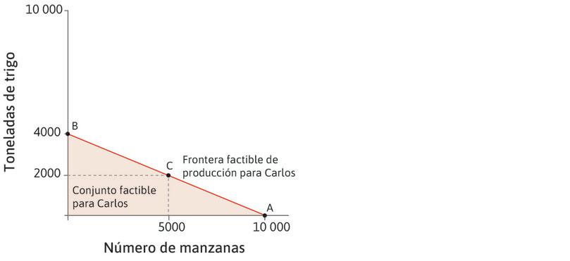 Conjunto factible de Carlos
: Carlos puede producir en cualquier lugar entre el origen y la frontera factible de producción. El área sombreada roja muestra su conjunto factible.
