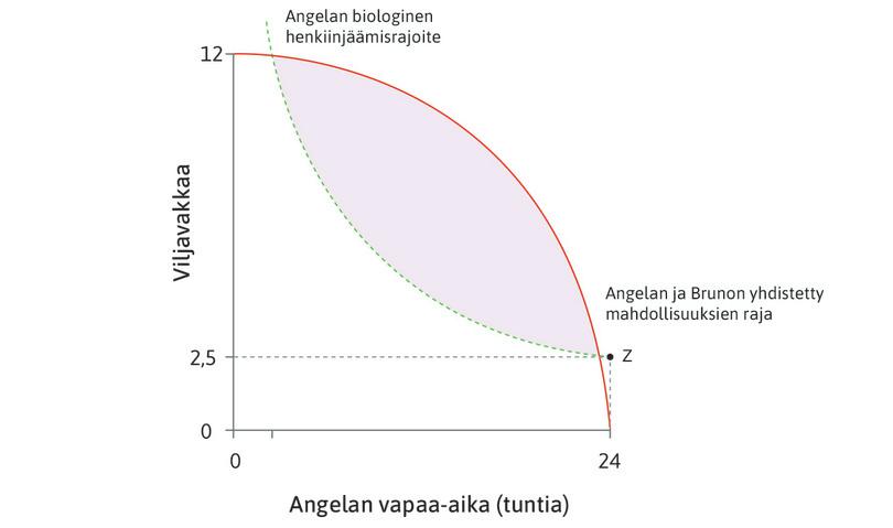 Biologinen henkiinjäämisrajoite
: Jos Angela ei tee lainkaan työtä, hän tarvitsee 2,5 vakkaa viljaa pysyäkseen hengissä (piste Z). Jos hän luopuu osasta vapaa-ajastaan ja käyttää energiaa työntekoon, hän tarvitsee lisää ravintoa. Siksi käyrä nousee ylemmäksi, kun vapaa-aika vähenee. Vasemmalle nouseva käyrä kuvaa biologista henkiinjäämisrajoitetta.
