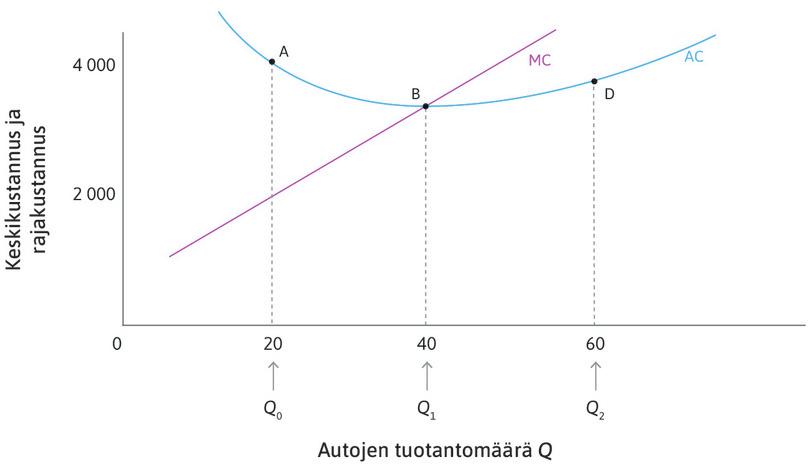Keskikustannusten ja rajakustannusten kuvaajat.
