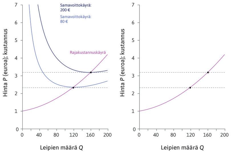 Jos hinta nousee
: Jos P* nousee 3,20 euroon, pääset ylemmälle samavoittokäyrälle. Maksimoidaksesi voiton sinun tulisi tuottaa 163 leipää päivässä.
