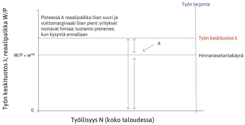 Piste A
: Piste A on hinnanasetantakäyrän yläpuolella, jolloin reaalipalkka ylittää yrityksen voiton maksimoivaa voittomarginaalia vastaavan tason. Jos reaalipalkka on liian suuri, voittomarginaali jää liian pieneksi.
