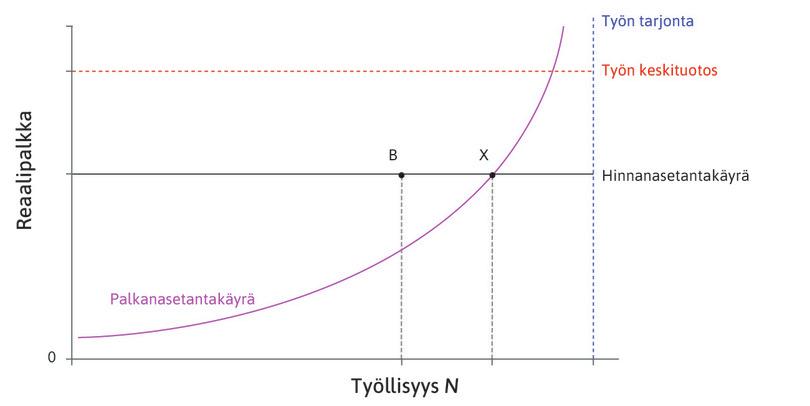 Piste B
: Pisteessä B vastentahtoisesti työttömiä työnhakijoita on enemmän. Työttömyyden lisäys johtuu matalasta kokonaiskysynnästä. Tällaista työttömyyttä sanotaan suhdannetyöttömyydeksi.
