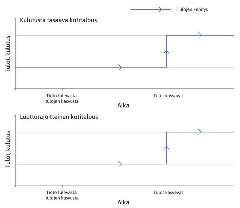 Tulot eri elämänvaiheissa
: Siniset viivat kertovat, että kummankin kotitalouden tulokehitys on samanlaista.
