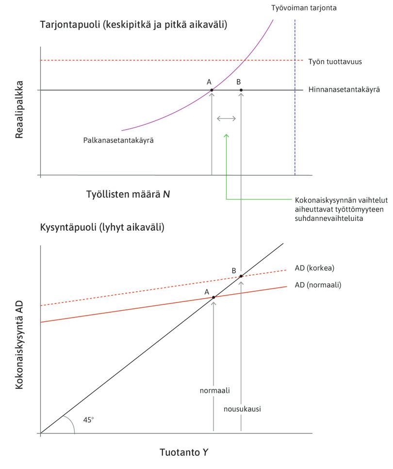 Nousukausi
: Kuvittele investointien lisäys, joka siirtää kokonaiskysyntäkäyrän tasolle AD (korkea), jolloin tuotanto ja työllisyys kasvavat. Talous on pisteessä B: nousukauden aikana työttömyys laskee alle viiden prosentin. Lisätyöllisyyttä sanotaan suhdannetyöllisyydeksi.
