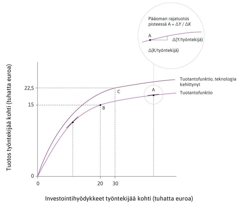 Teknologisen kehityksen seuraukset
: Katso uuden eli ylemmän tuotantofunktion pistettä C. Pääoma työntekijää kohti on kasvanut 30 000 euroon ja tuotos työntekijää kohti 22 500 euroon.
